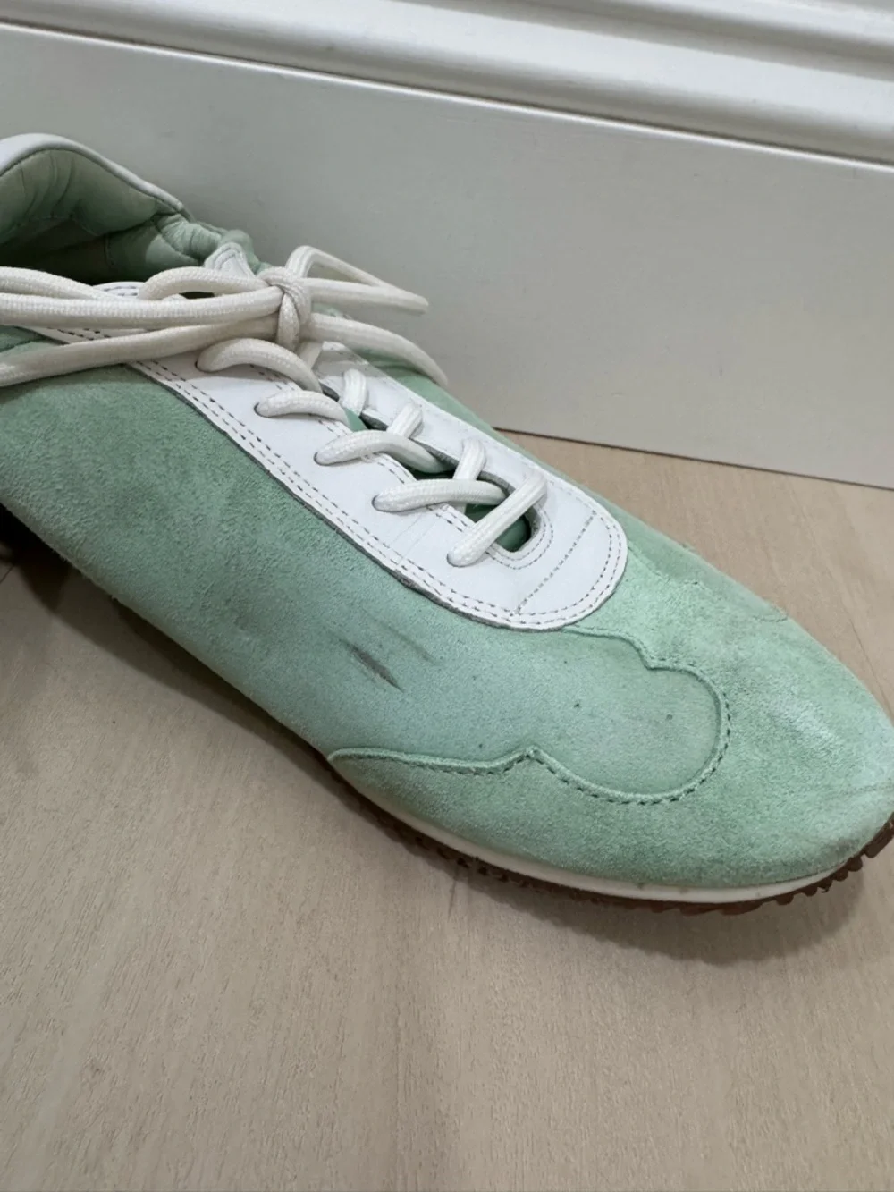 Tory Burch Mint Green White Suede Leather Logo Sneakers Women's 9.5